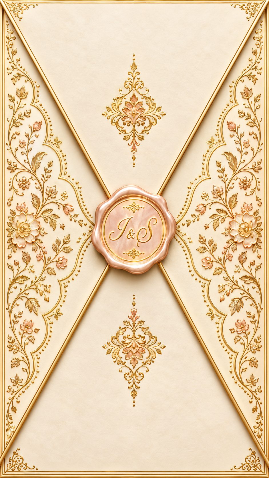 Ivory and gold floral envelope with an I and S wax seal